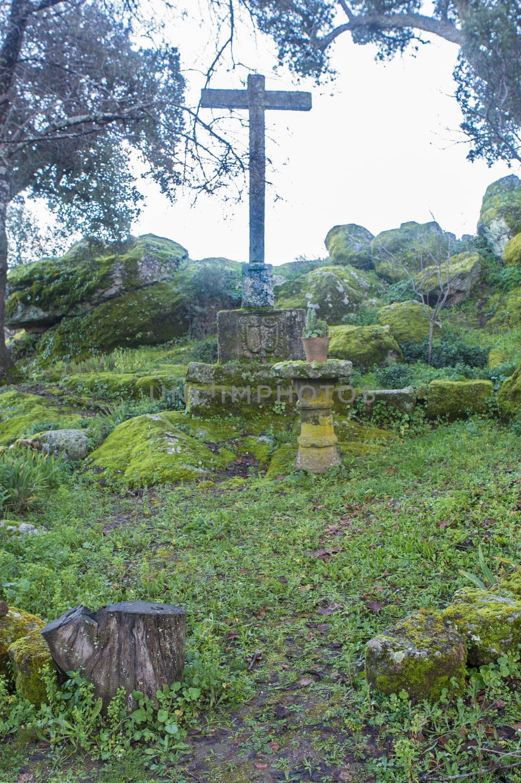 P. de Acim, Spain - Jan 21st, 2024: Exterior gardens of El Palancar Convent, Pedroso de Acim, Caceres, Spain