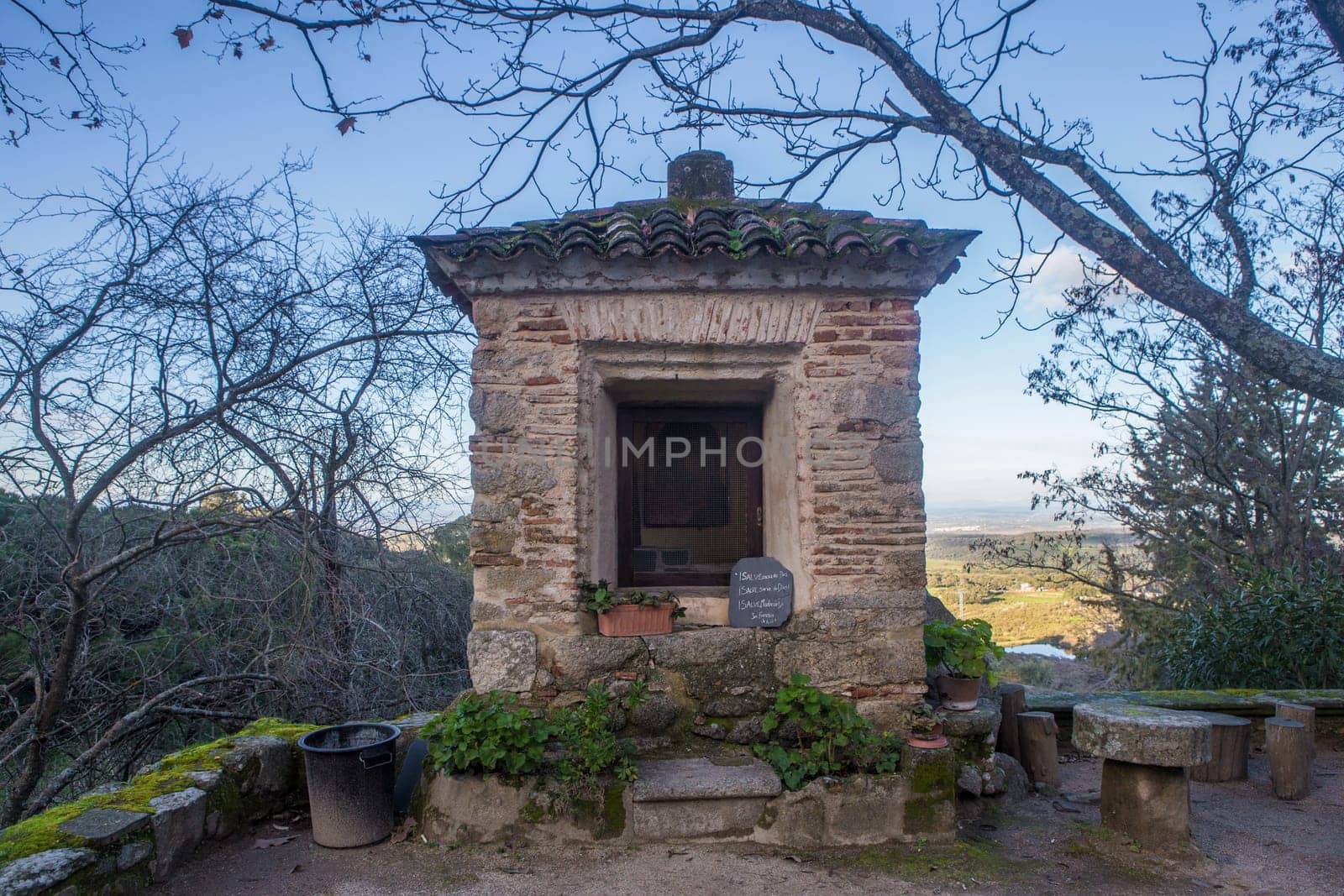 P. de Acim, Spain - Jan 21st, 2024: Exterior gardens of El Palancar Convent, Pedroso de Acim, Caceres, Spain