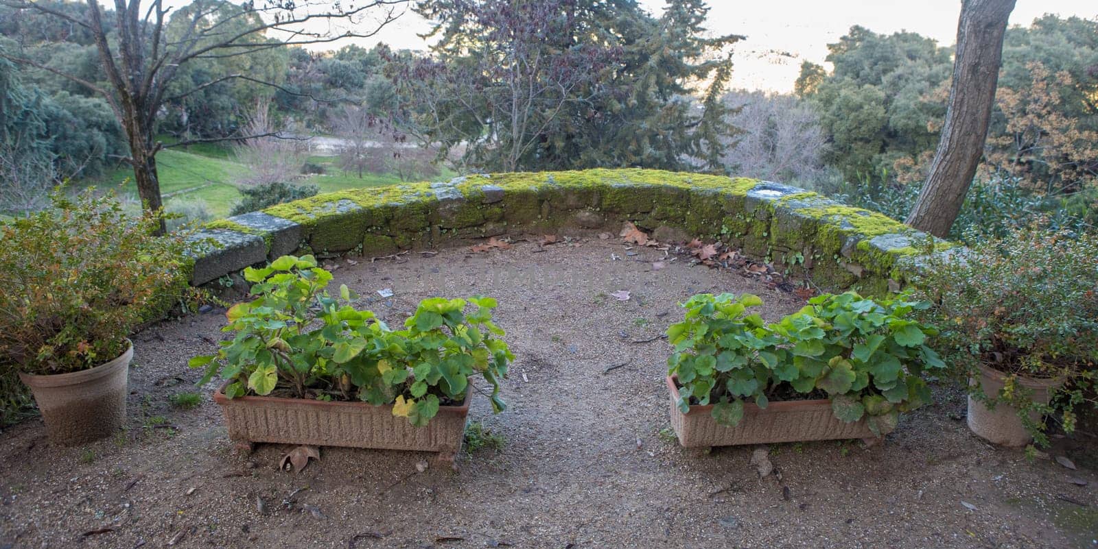 P. de Acim, Spain - Jan 21st, 2024: Exterior gardens of El Palancar Convent, Pedroso de Acim, Caceres, Spain