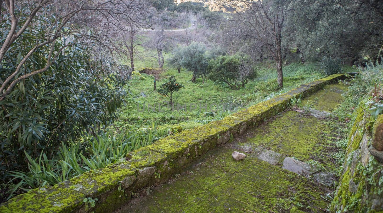 P. de Acim, Spain - Jan 21st, 2024: Exterior gardens of El Palancar Convent, Pedroso de Acim, Caceres, Spain