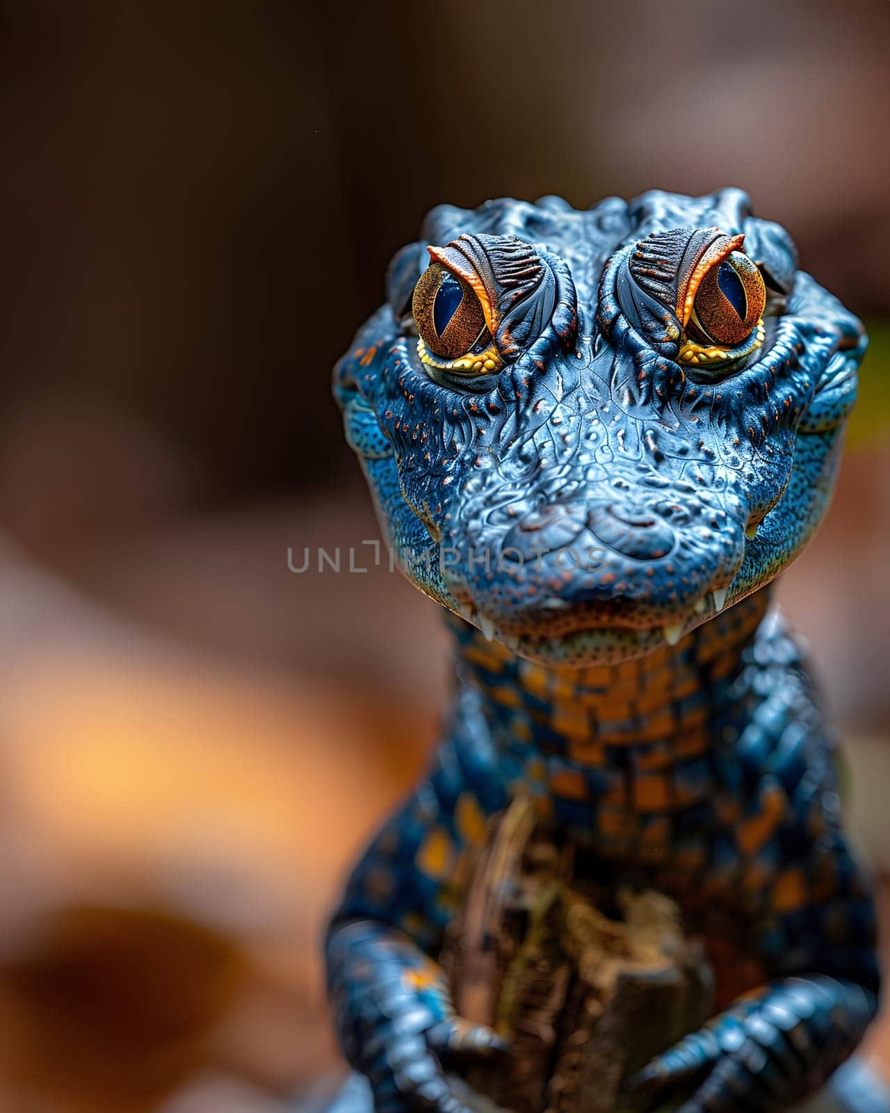 Colorful macro illustration of a small crocodile-like reptile with striking bright eyes perched on a piece of wood. There is space for entering text. It can attract the attention of readers very well.