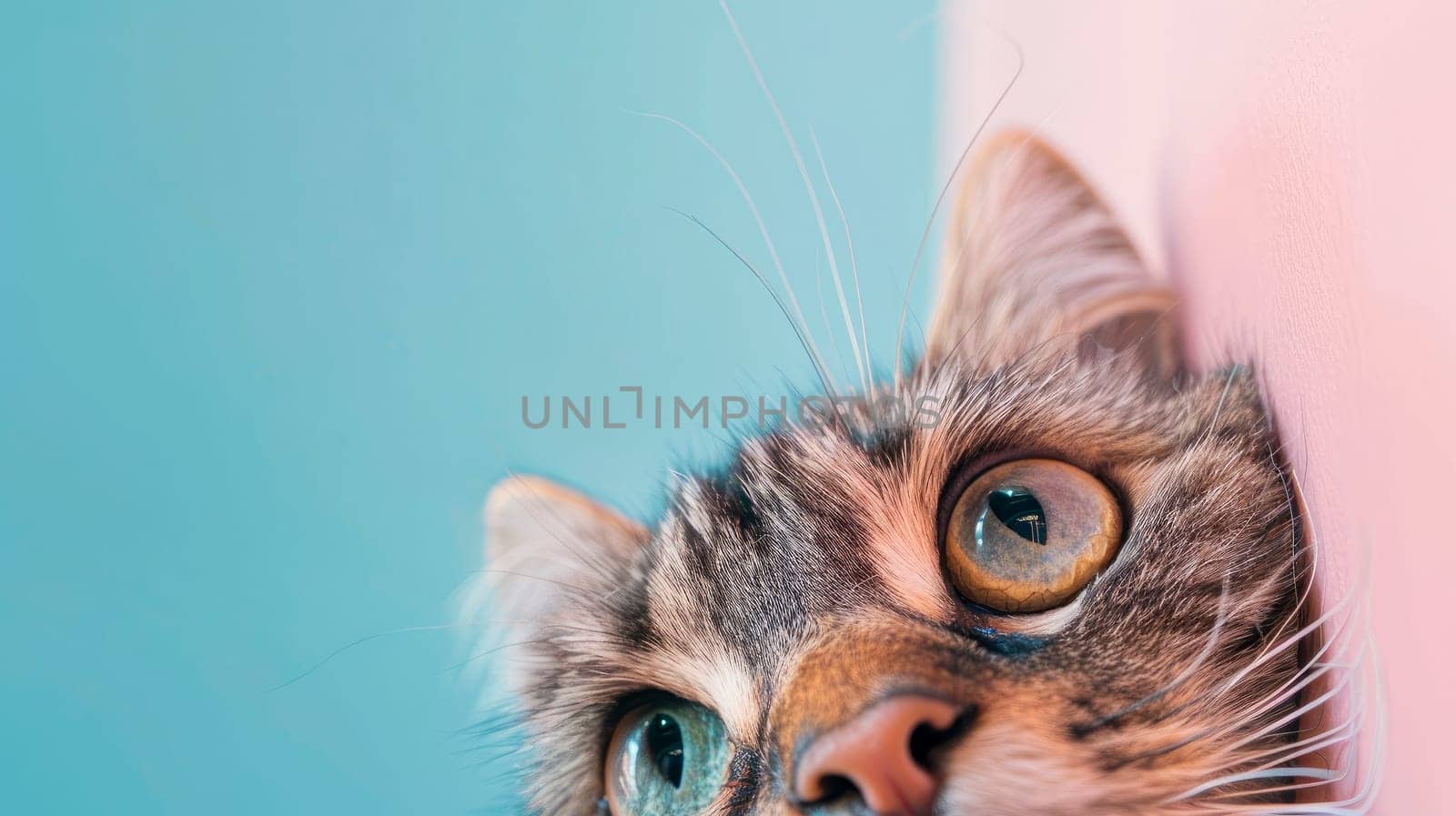 Closeup of a sweet kitten looking from below. AI generated