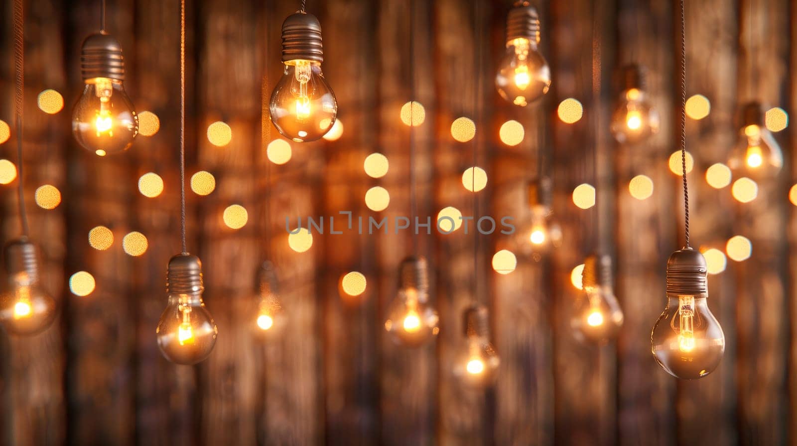 Festive background with many hanging light bulbs on wooden wall background. AI generated