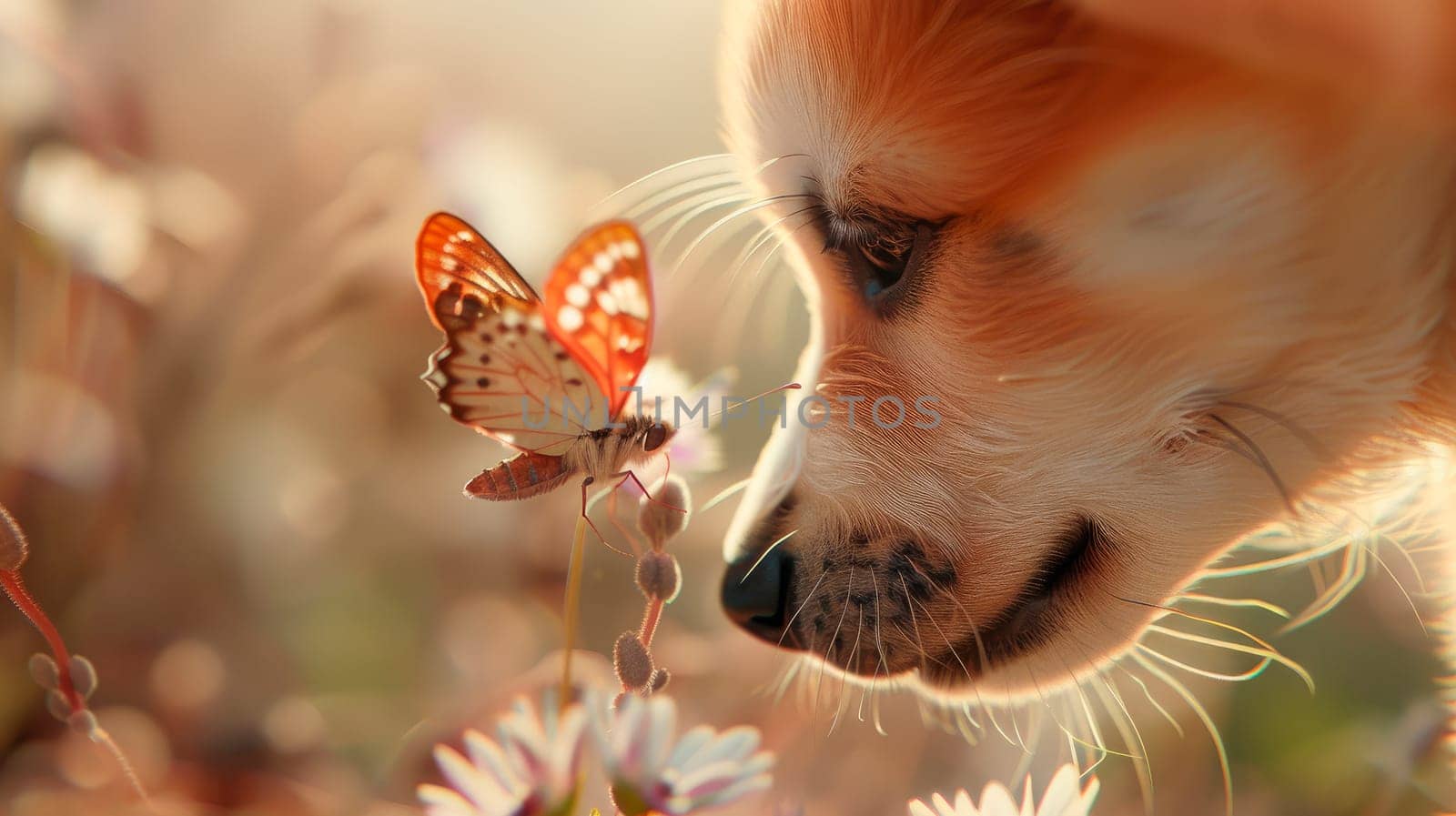 Cute dog watching a butterfly sitting on a flower. AI generated