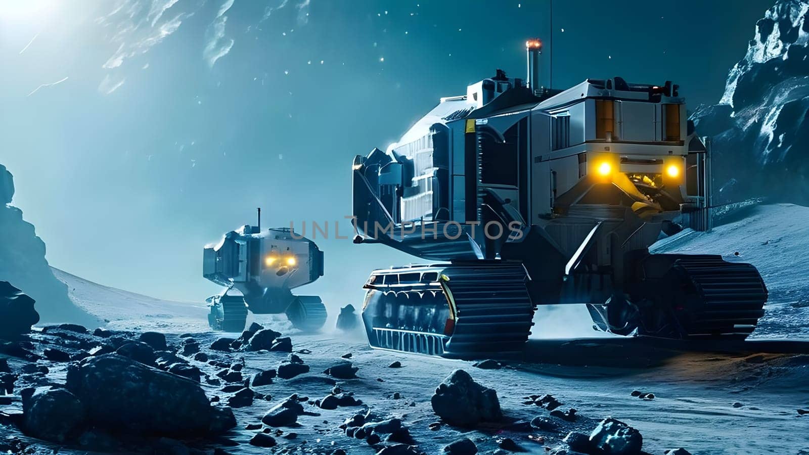 asteroid mining operation visualization of spacecraft robots extracting resources