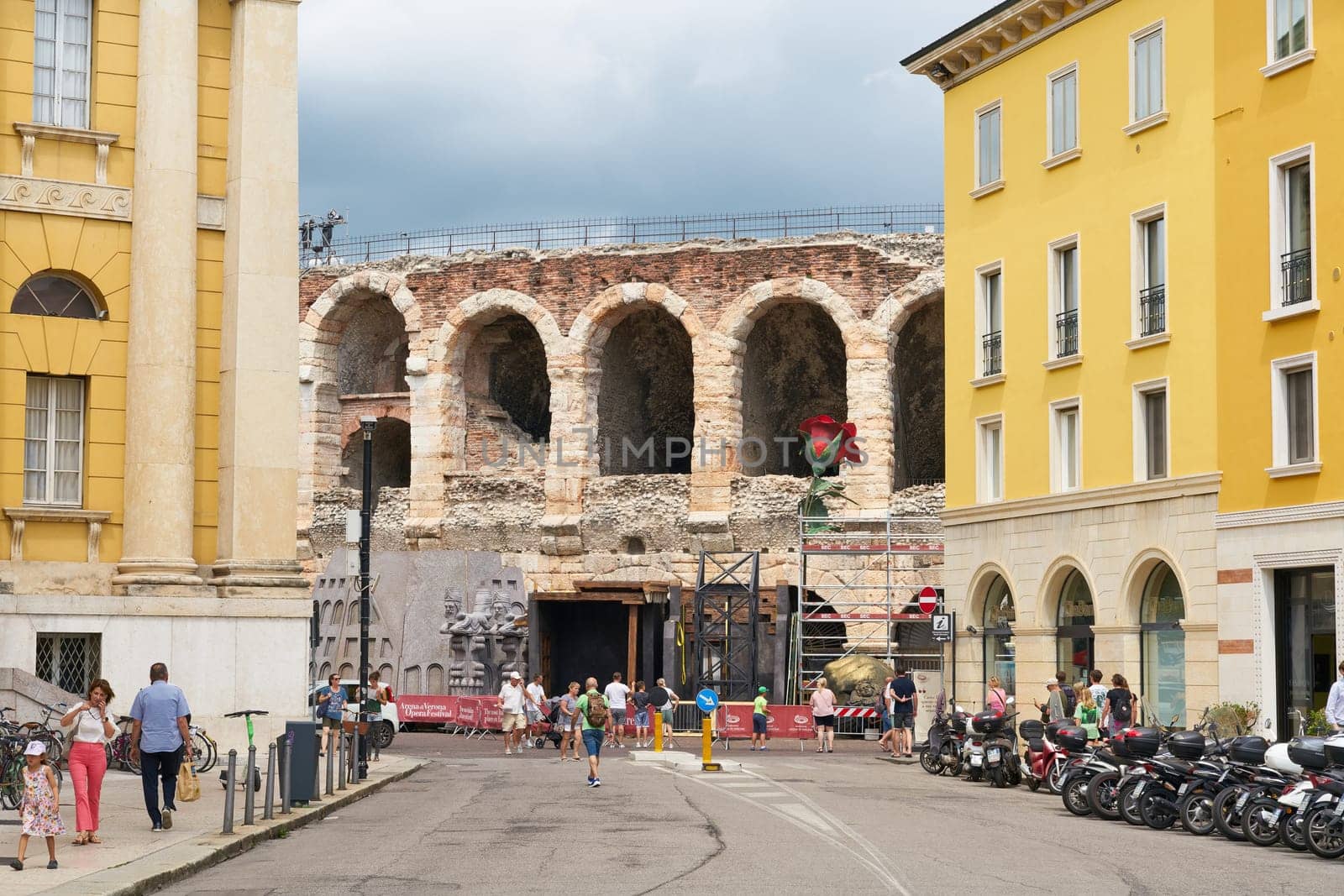 Side view of the Roman arena in Verona, Italy, now used as an event venue