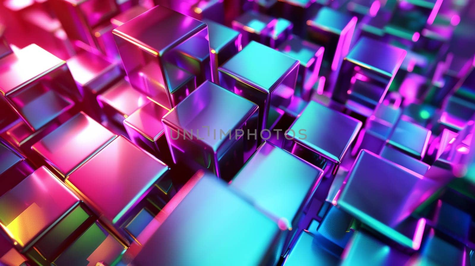 Immerse yourself in the electrifying ambiance of neon cubes in this abstract 3D background. Vibrant hues dance across the scene, captivating the viewer with their luminous allure.
