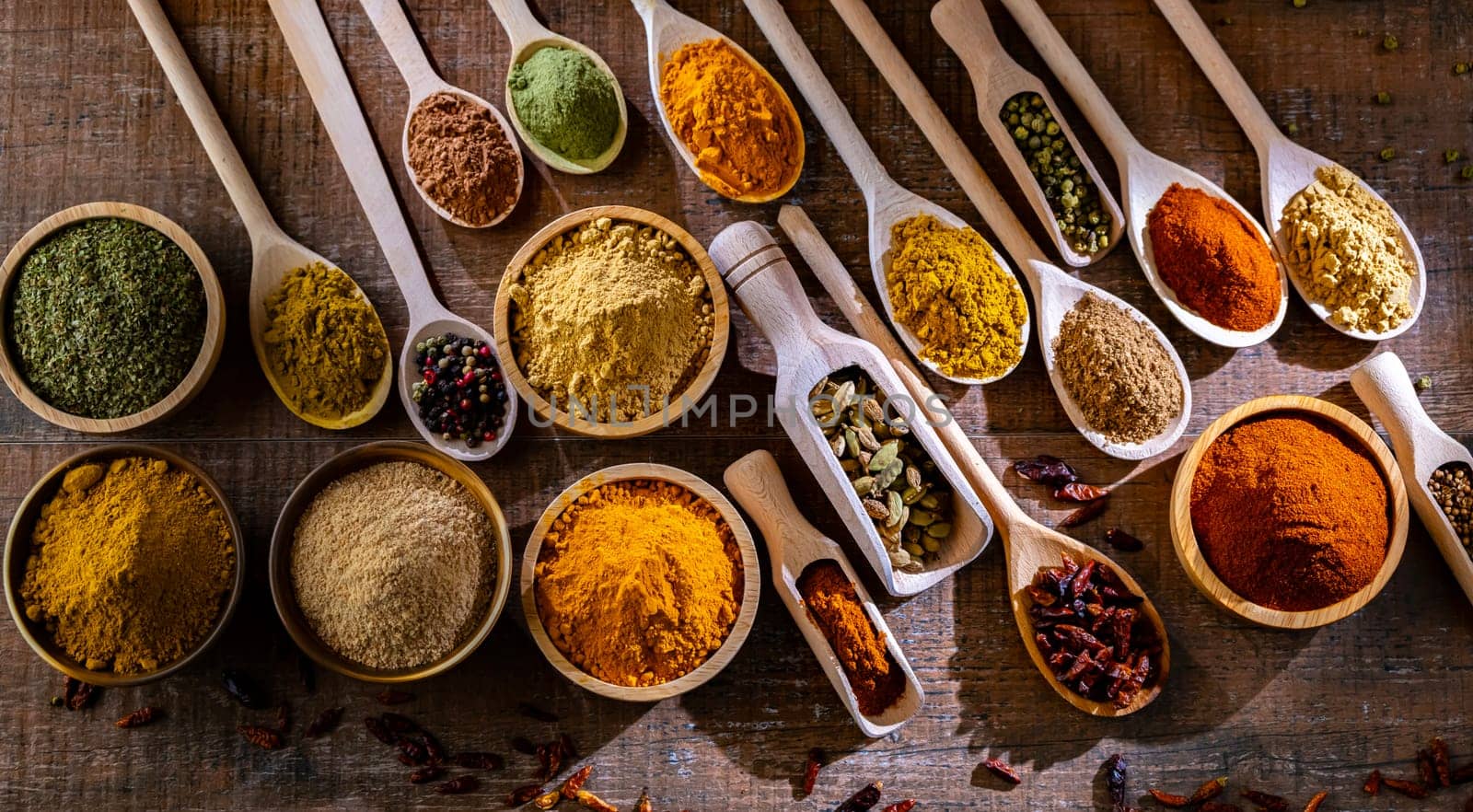 Composition with assortment of spices and herbs.