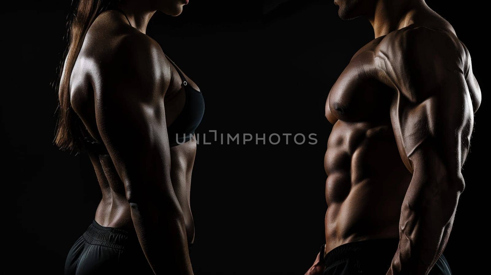 An impressive display of strength and athleticism as the torsos of a muscular woman and man are showcased against a sleek black background. This dynamic composition serves as an ideal layout concept for gym promotions, fitness training programs, or any health-related marketing materials, inspiring individuals to embark on their fitness journey.