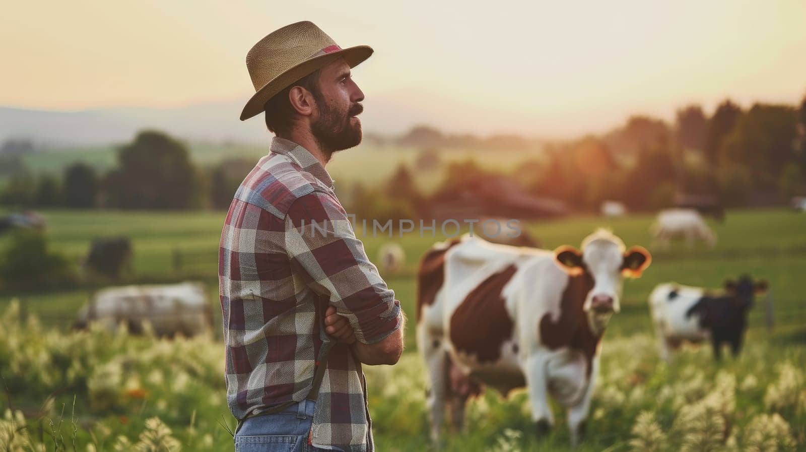 A dedicated farmer stands against a backdrop of contented cows, embodying the essence of sustainable dairy farming and the production of eco-friendly milk. This evocative image captures the harmonious relationship between humans and animals on a modern dairy farm, symbolizing care for the environment and ethical agricultural practices.