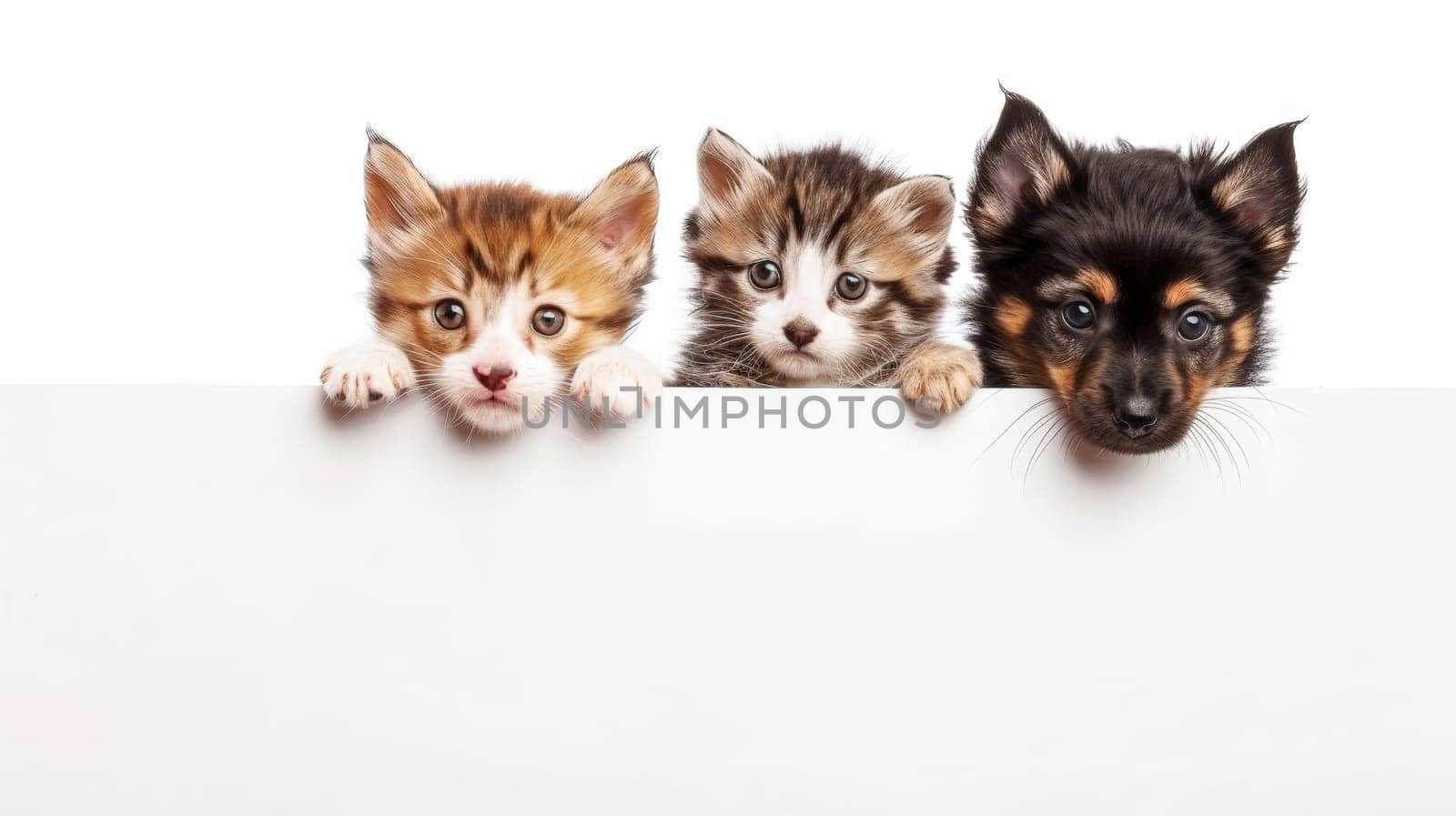 A heartwarming scene unfolds as cute puppies and kittens playfully peek behind a pristine white banner, leaving ample space for text or product placement. This delightful composition embodies the essence of pet ownership and companionship, making it an ideal choice for advertising posters promoting pet stores, veterinary clinics, or pet-related products and services.