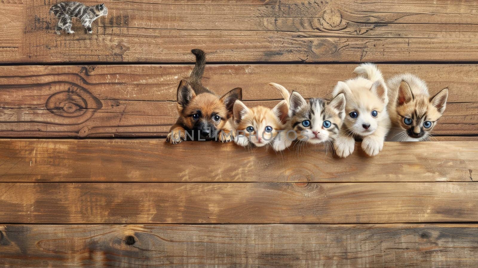 In this heartwarming scene, playful puppies and kittens curiously peek from behind a wooden banner, offering an endearing display perfect for advertising pet-related services or products. With ample empty space on the banner, it's an ideal spot for customized text or product placement, making it a versatile choice for pet stores or veterinary clinics seeking to attract customers.