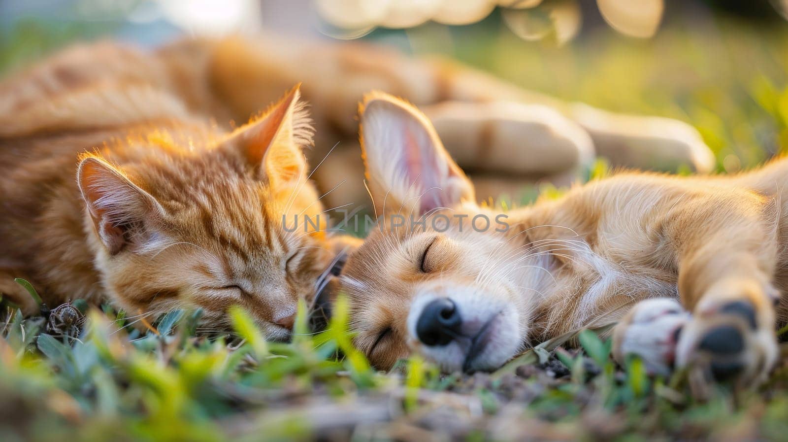 In this heartwarming scene, a charming ginger cat and a loyal dog are captured in a peaceful slumber amidst the great outdoors. Their bond evident, they share a moment of tranquility, showcasing the beauty of interspecies friendship.