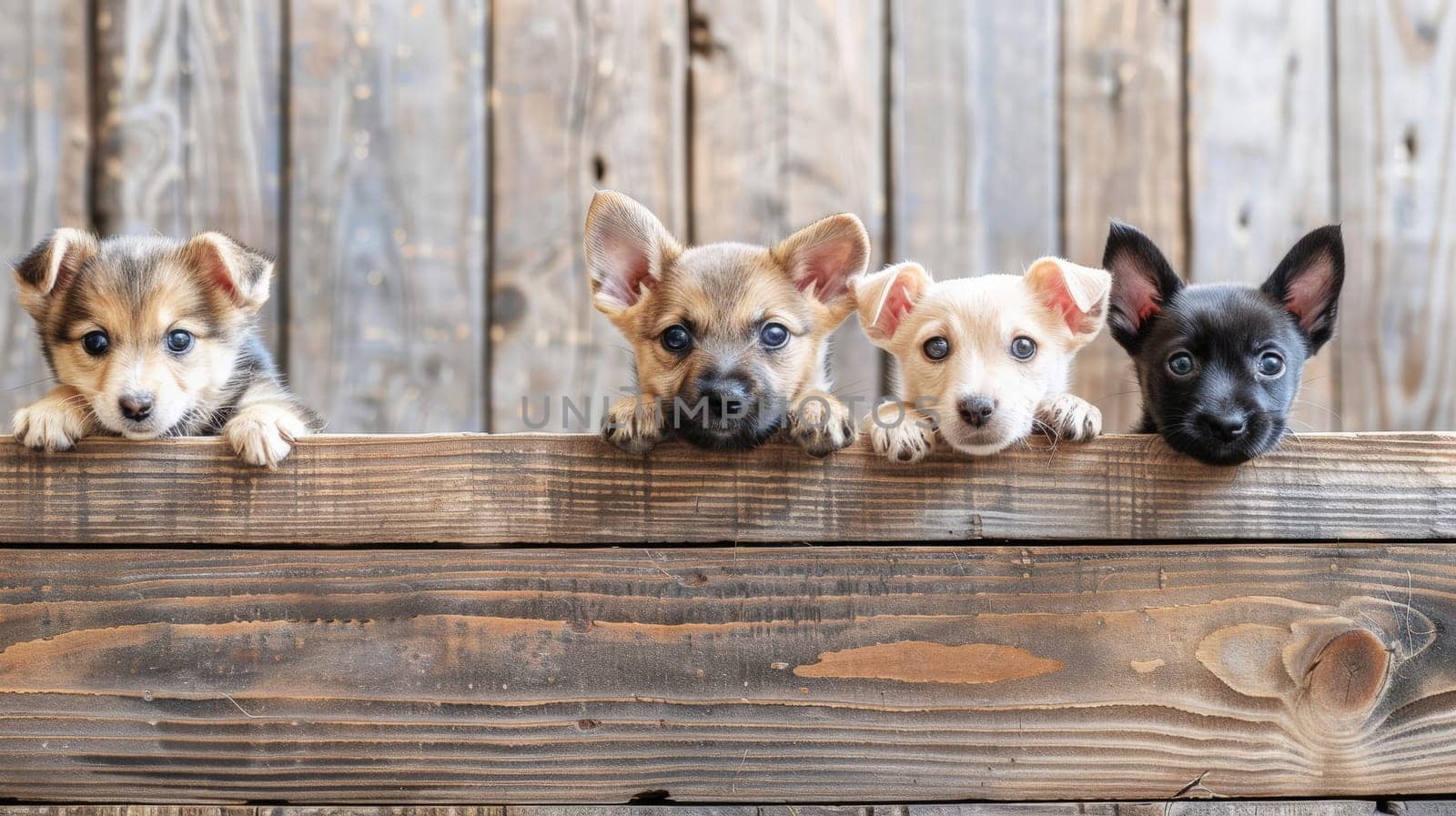 In this heartwarming scene, playful puppies and kittens curiously peek from behind a wooden banner, offering an endearing display perfect for advertising pet-related services or products. With ample empty space on the banner, it's an ideal spot for customized text or product placement, making it a versatile choice for pet stores or veterinary clinics seeking to attract customers.