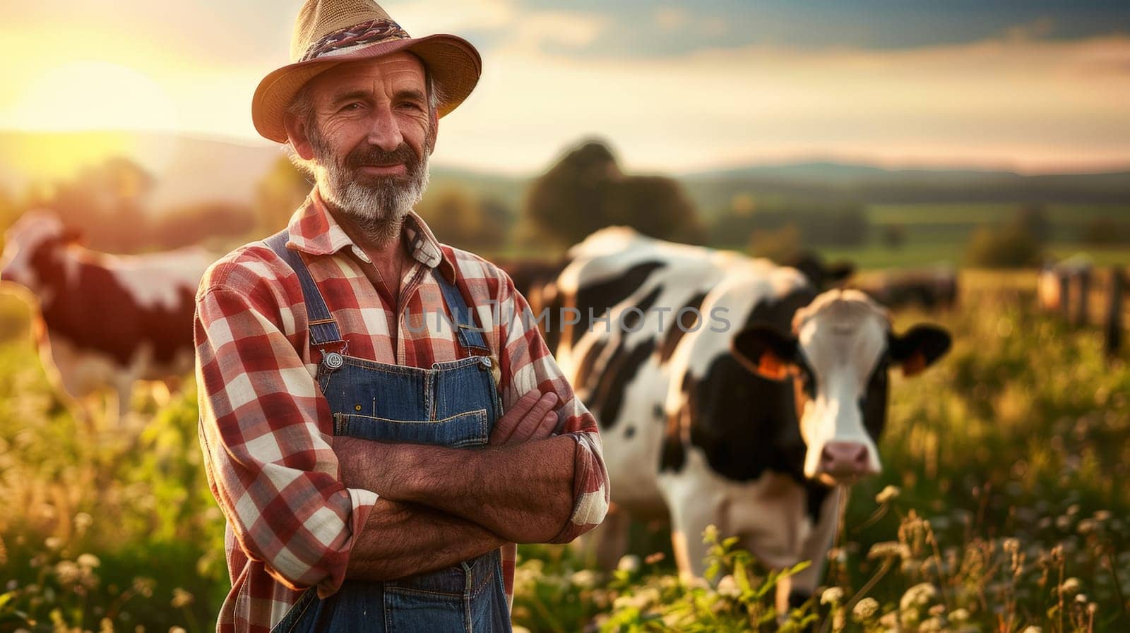 A dedicated farmer stands against a backdrop of contented cows, embodying the essence of sustainable dairy farming and the production of eco-friendly milk. This evocative image captures the harmonious relationship between humans and animals on a modern dairy farm, symbolizing care for the environment and ethical agricultural practices.