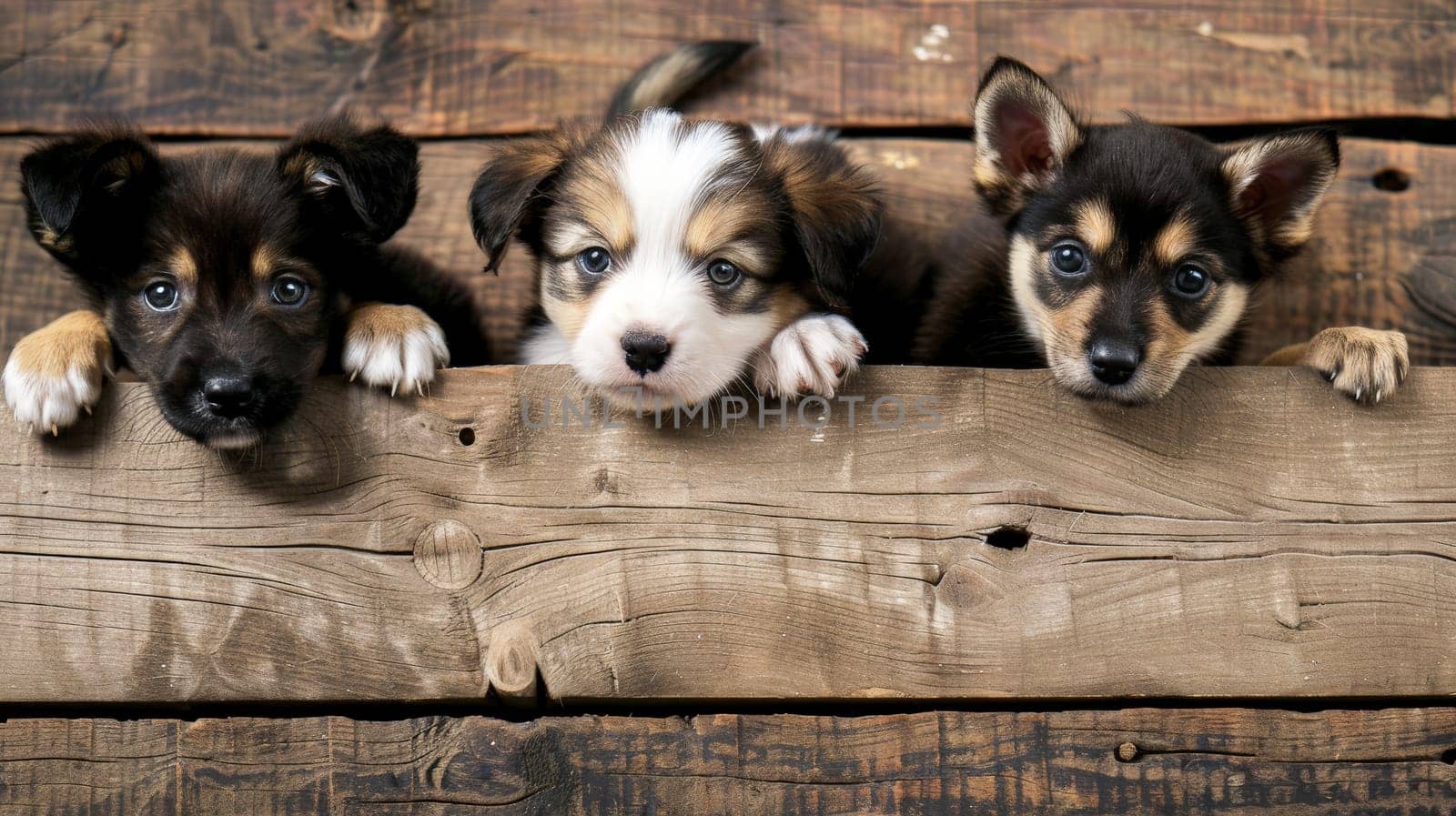 In this heartwarming scene, playful puppies and kittens curiously peek from behind a wooden banner, offering an endearing display perfect for advertising pet-related services or products. With ample empty space on the banner, it's an ideal spot for customized text or product placement, making it a versatile choice for pet stores or veterinary clinics seeking to attract customers.