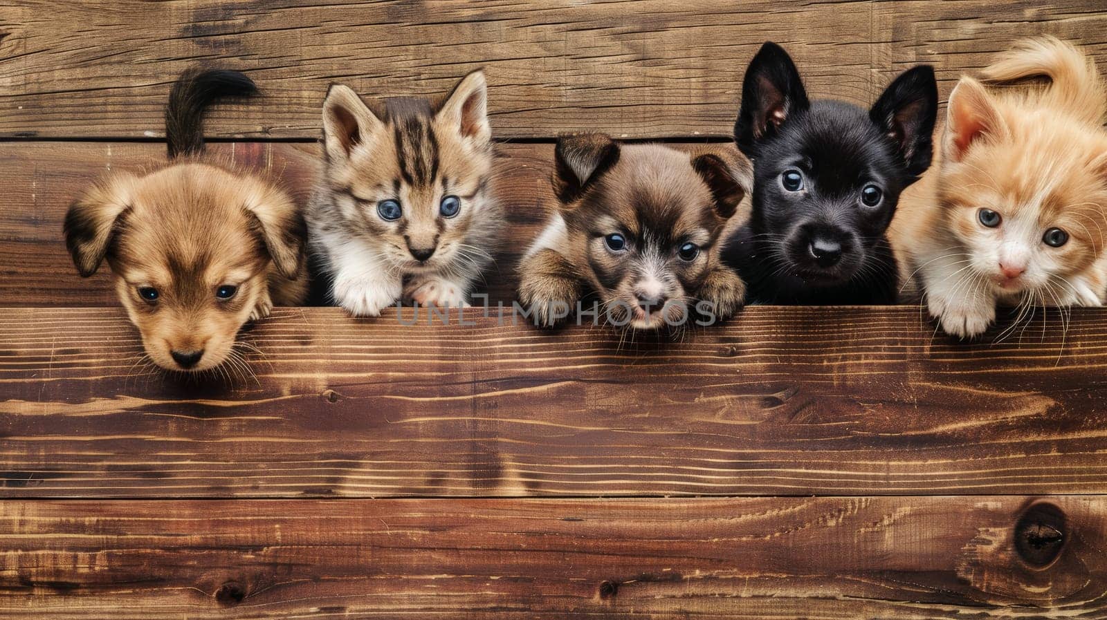 In this heartwarming scene, playful puppies and kittens curiously peek from behind a wooden banner, offering an endearing display perfect for advertising pet-related services or products. With ample empty space on the banner, it's an ideal spot for customized text or product placement, making it a versatile choice for pet stores or veterinary clinics seeking to attract customers.
