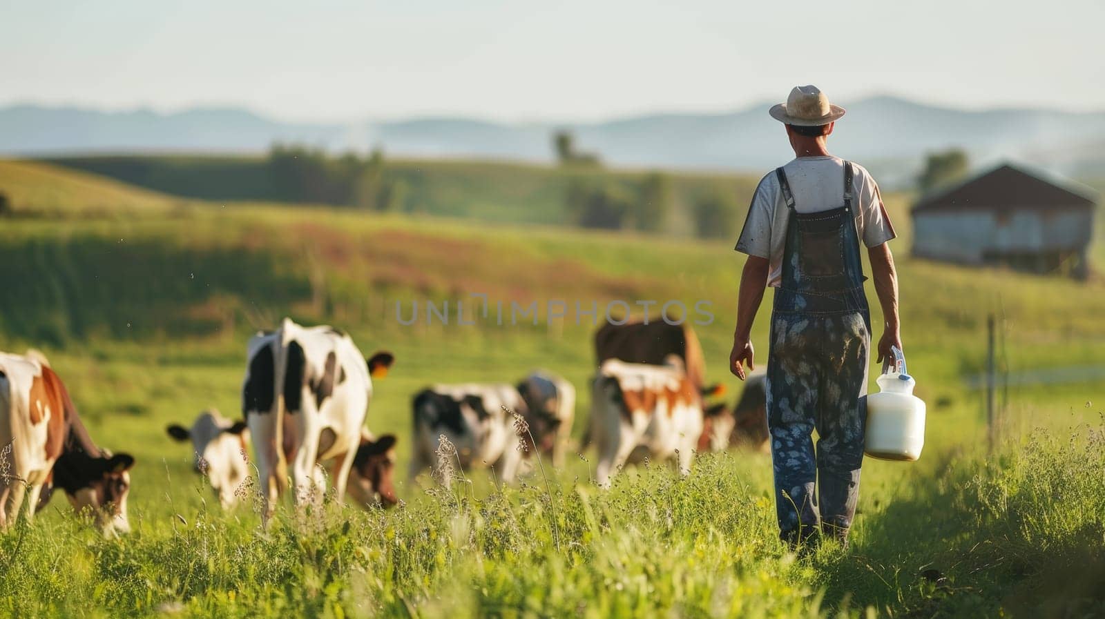 A dedicated farmer stands against a backdrop of contented cows, embodying the essence of sustainable dairy farming and the production of eco-friendly milk. This evocative image captures the harmonious relationship between humans and animals on a modern dairy farm, symbolizing care for the environment and ethical agricultural practices.