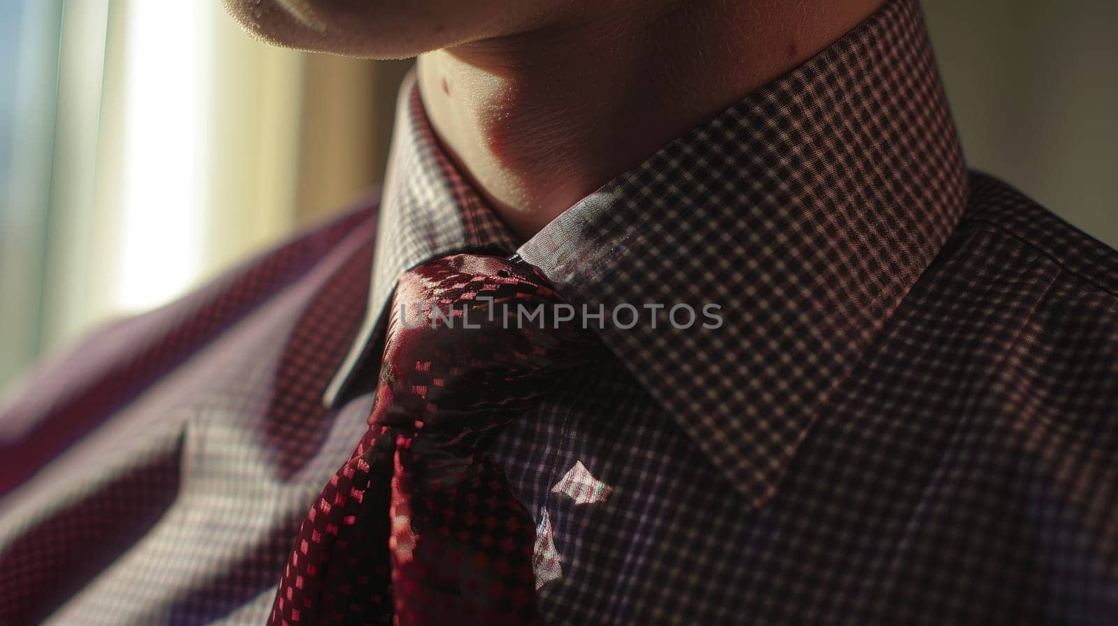A close-up capture showcases the timeless sophistication of a neatly knotted tie resting against a crisp collar. This simple yet refined ensemble epitomizes professionalism and style, making it a staple accessory in any wardrobe.