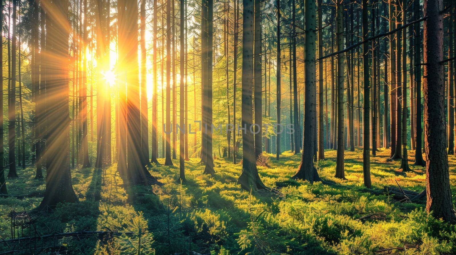 Bathed in the gentle glow of sunlight, the lush foliage of the forest comes alive on a radiant, sunny day. The interplay of light and shadow creates a mesmerizing spectacle, as sunbeams filter through the canopy, illuminating the verdant surroundings with warmth and vitality.