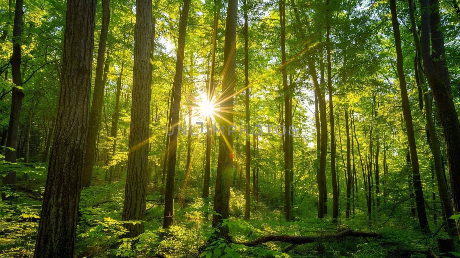 Bathed in the gentle glow of sunlight, the lush foliage of the forest comes alive on a radiant, sunny day. The interplay of light and shadow creates a mesmerizing spectacle, as sunbeams filter through the canopy, illuminating the verdant surroundings with warmth and vitality.