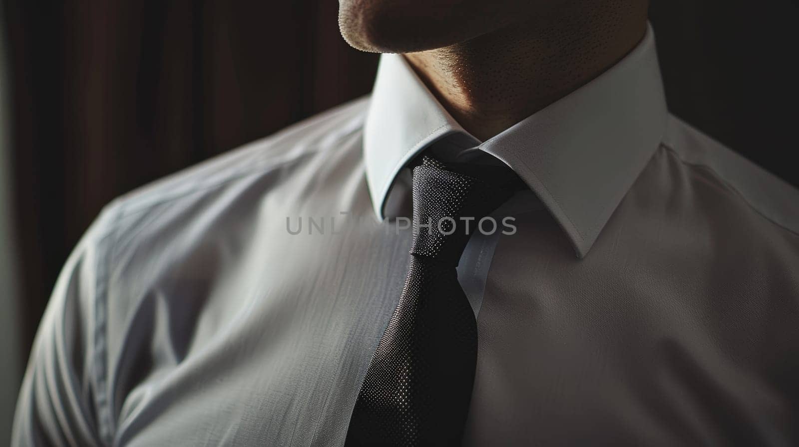 A close-up capture showcases the timeless sophistication of a neatly knotted tie resting against a crisp collar. This simple yet refined ensemble epitomizes professionalism and style, making it a staple accessory in any wardrobe.