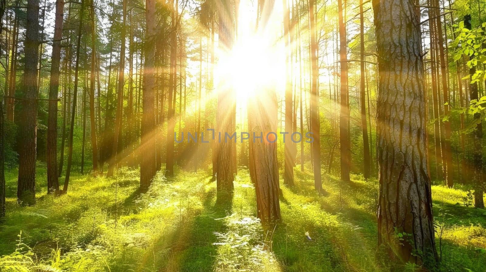 Bathed in the gentle glow of sunlight, the lush foliage of the forest comes alive on a radiant, sunny day. The interplay of light and shadow creates a mesmerizing spectacle, as sunbeams filter through the canopy, illuminating the verdant surroundings with warmth and vitality.""