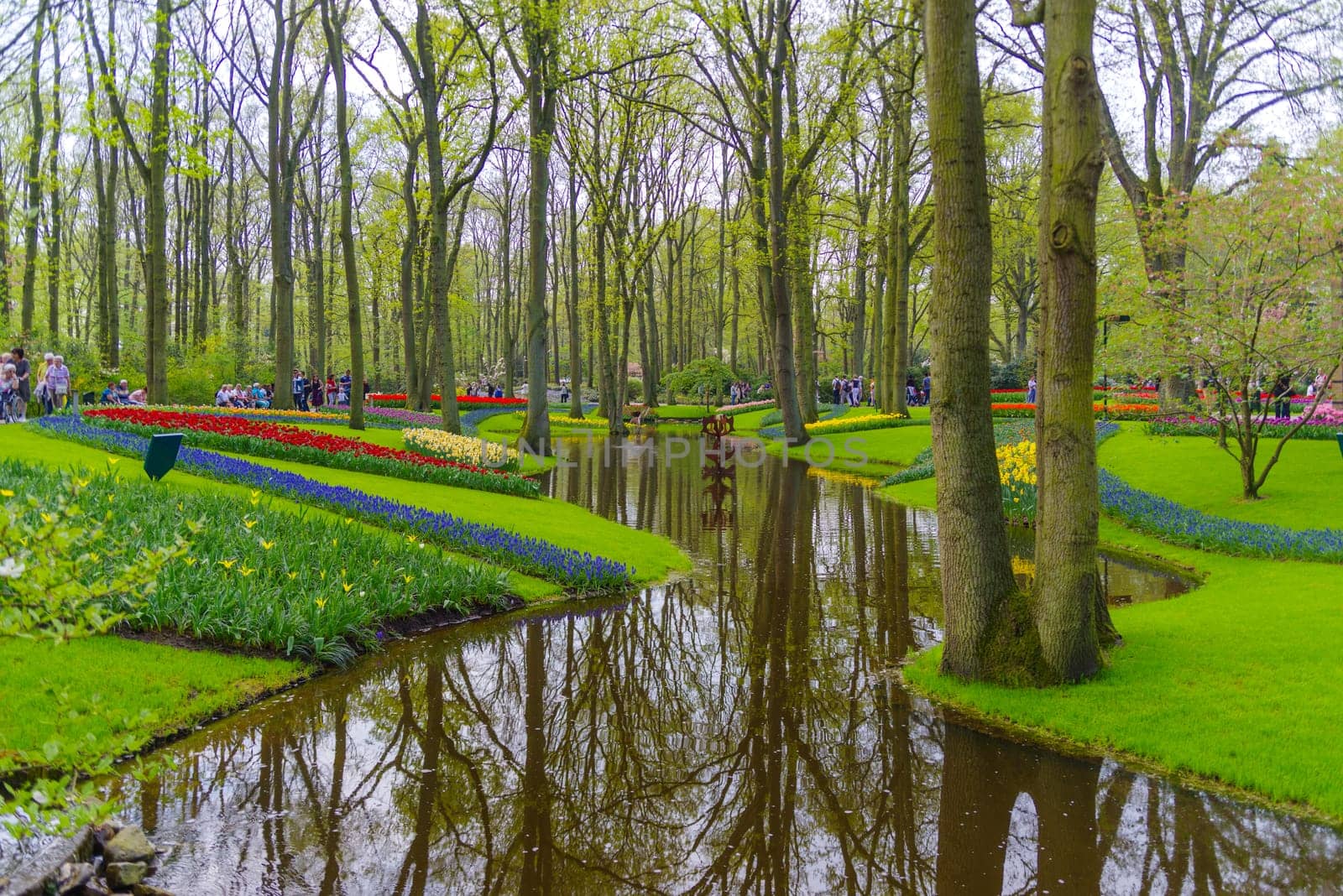 LISSE, NETHERLANDS - APRIL 22, 2018: Lots of people enjoying the blooming tulips in the Keukenhof, the most beautiful spring garden in the world.