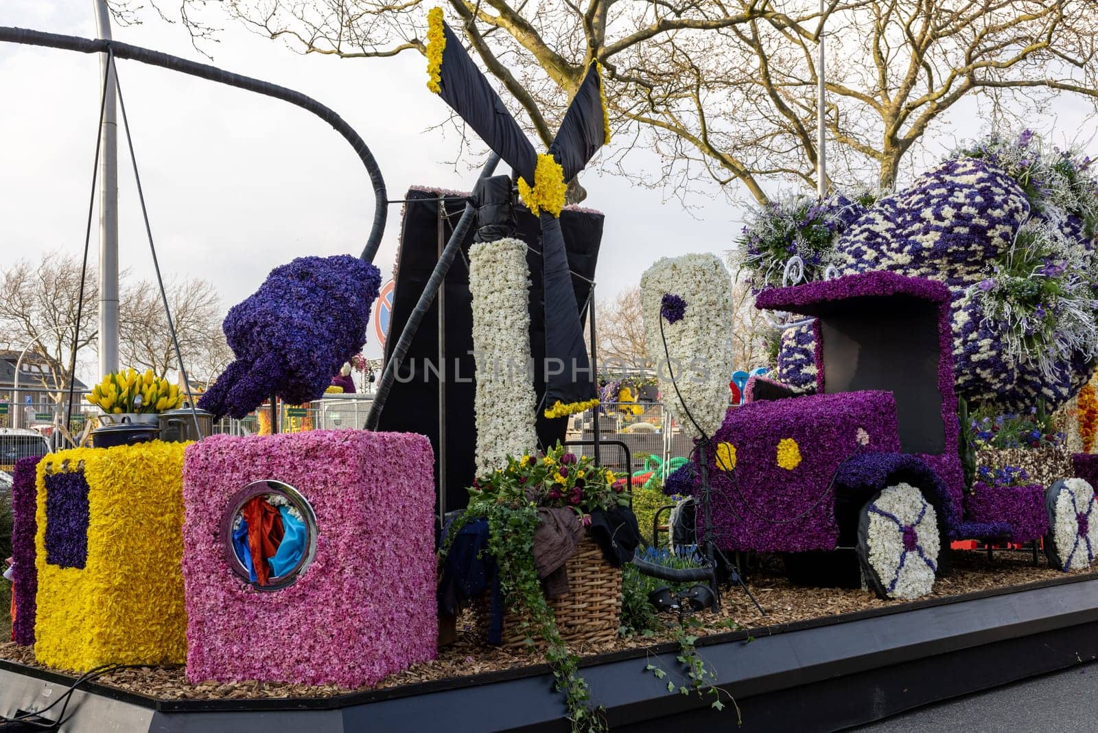 Noordwijkerhout, Netherlands - April 21, 2023: Flowers floats prepared for the evening illuminated Flower Parade Bollenstreek in Noordwijkerhout