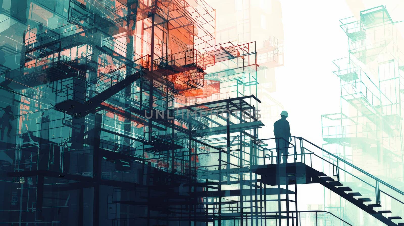 Experience the fusion of innovation and expertise in this captivating illustration showcasing digital building construction engineering. Through double exposure graphic design, witness the collaboration of building engineers, architects, and construction workers as they bring architectural visions to life.
