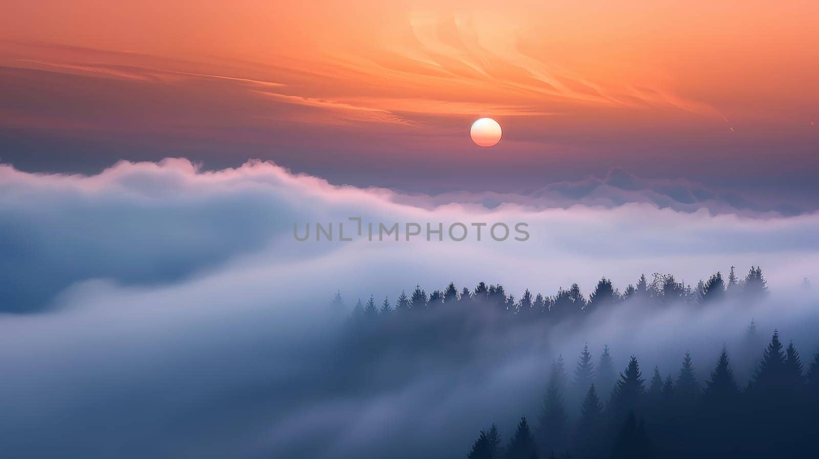 Captured amidst a mystical mist, this ethereal photograph portrays the serene beauty of a sunset shrouded in fog, evoking a sense of mystery and tranquility.