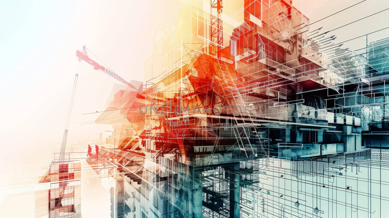 Experience the fusion of innovation and expertise in this captivating illustration showcasing digital building construction engineering. Through double exposure graphic design, witness the collaboration of building engineers, architects, and construction workers as they bring architectural visions to life.