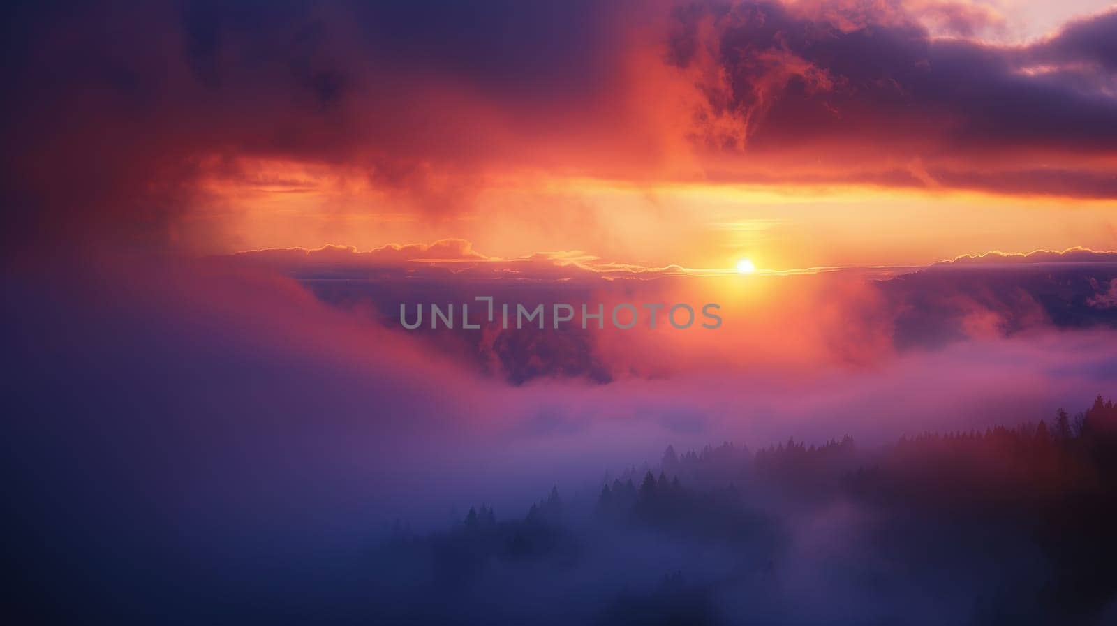 Captured amidst a mystical mist, this ethereal photograph portrays the serene beauty of a sunset shrouded in fog, evoking a sense of mystery and tranquility.