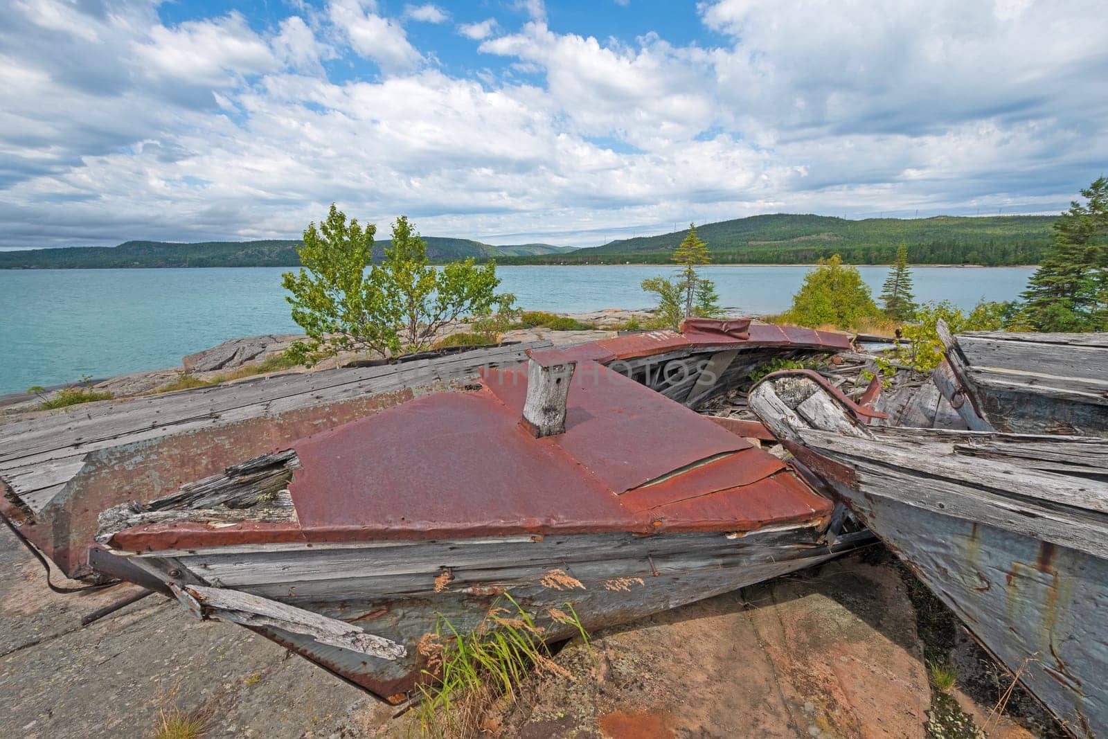 Abandoned Boats Crumbling on a Remote Lakeshore on Lake Superior in Neys Provincial Park in Canada