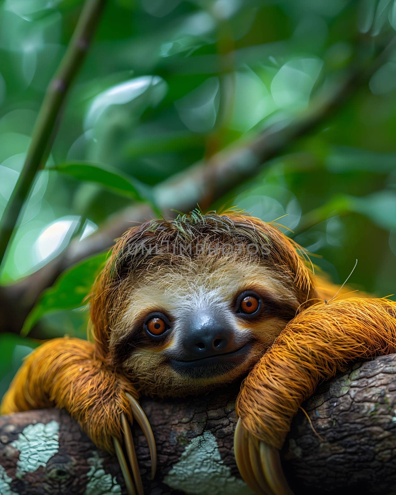 Colorful illustration of bright-eyed sloth perched on branch. Highly detailed. In the picture there is space to enter text. Can be used to make advertisements for environmental conservation campaigns.