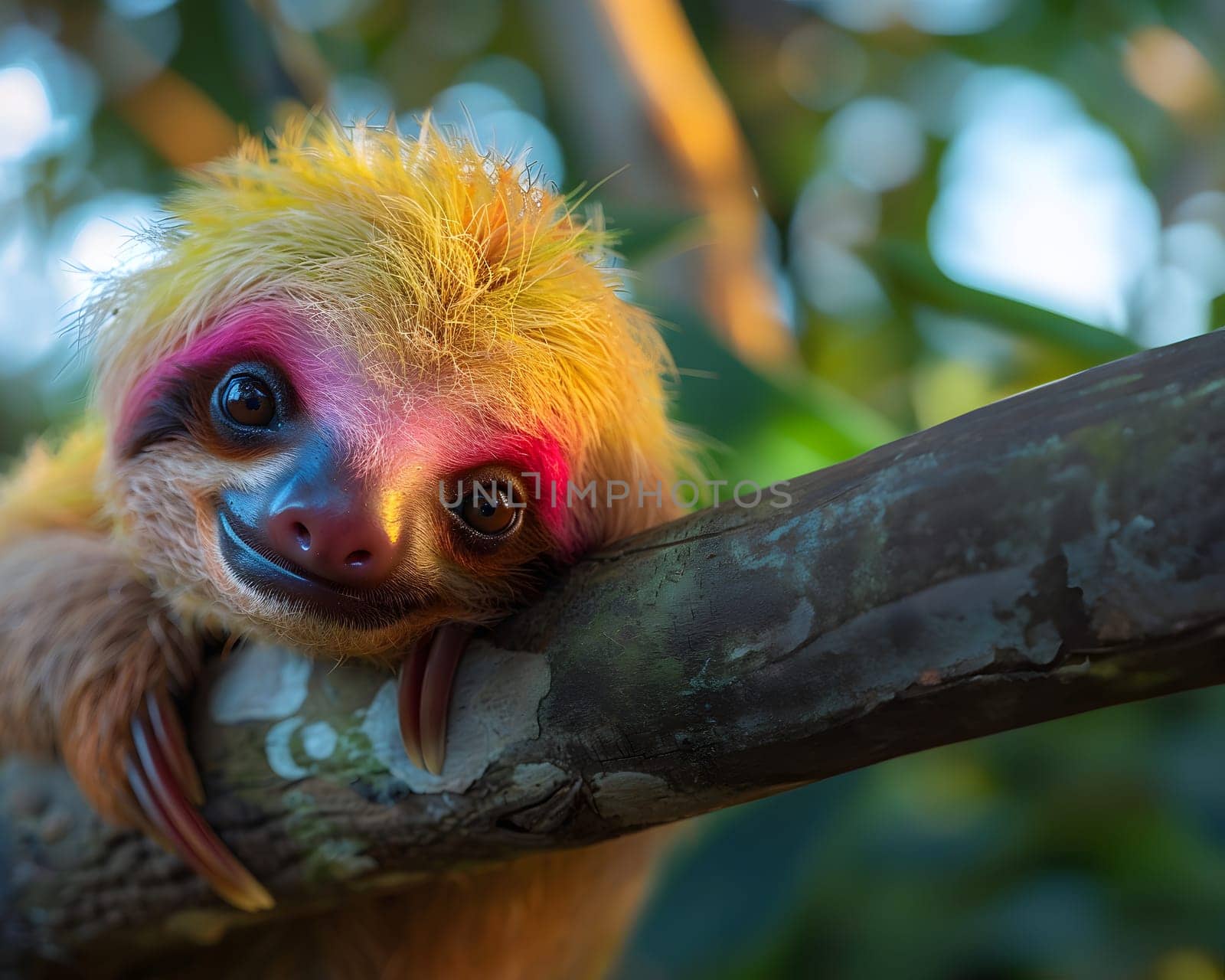 Colorful illustration of bright-eyed sloth perched on branch. Highly detailed. In the picture there is space to enter text. Can be used to make advertisements for environmental conservation campaigns.