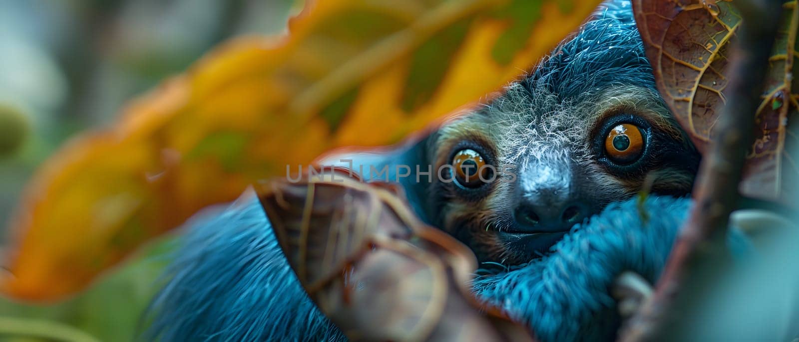 Colorful illustration of bright-eyed sloth perched on branch. Highly detailed. In the picture there is space to enter text. Can be used to make advertisements for environmental conservation campaigns.
