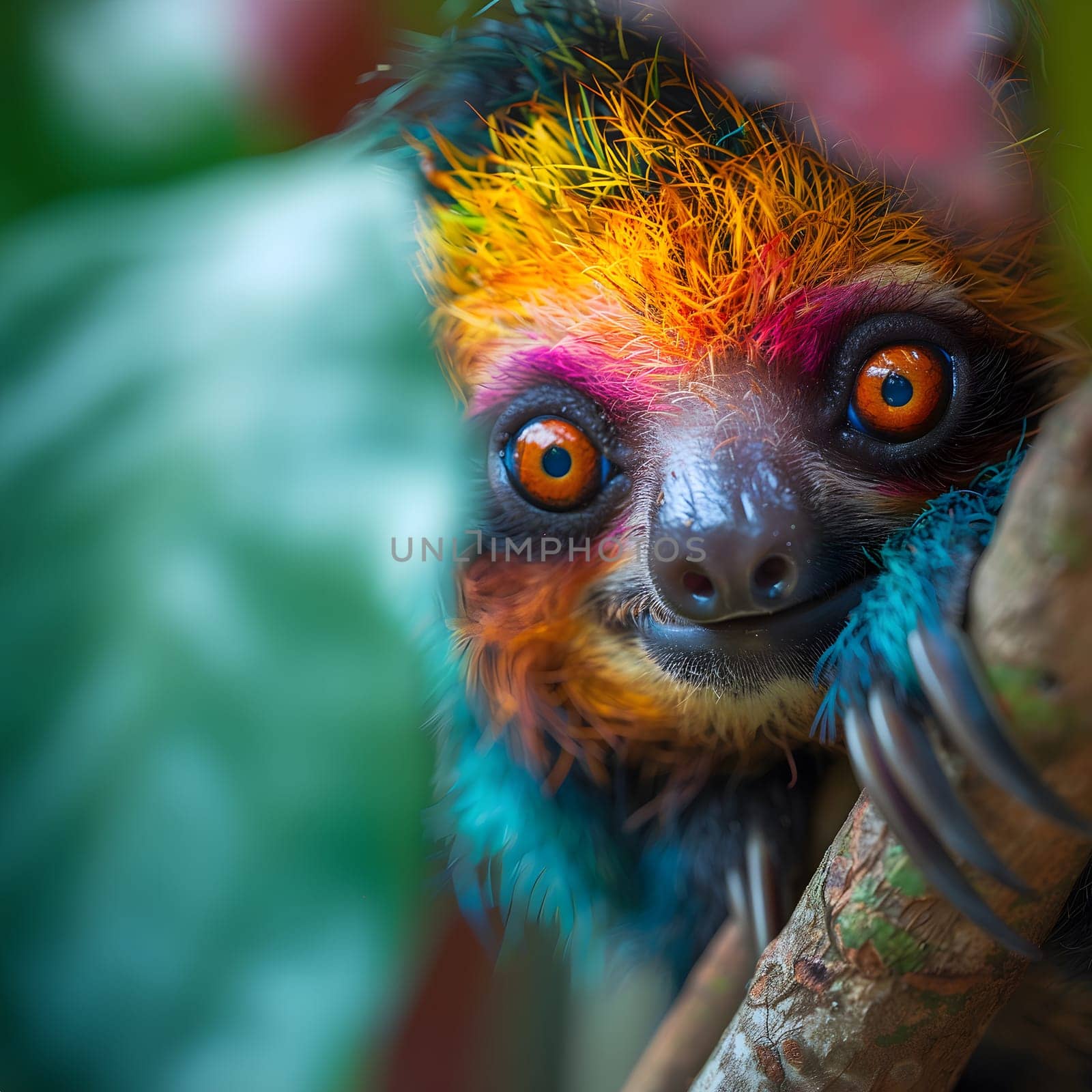 Colorful illustration of bright-eyed sloth perched on branch. Highly detailed. In the picture there is space to enter text. Can be used to make advertisements for environmental conservation campaigns.