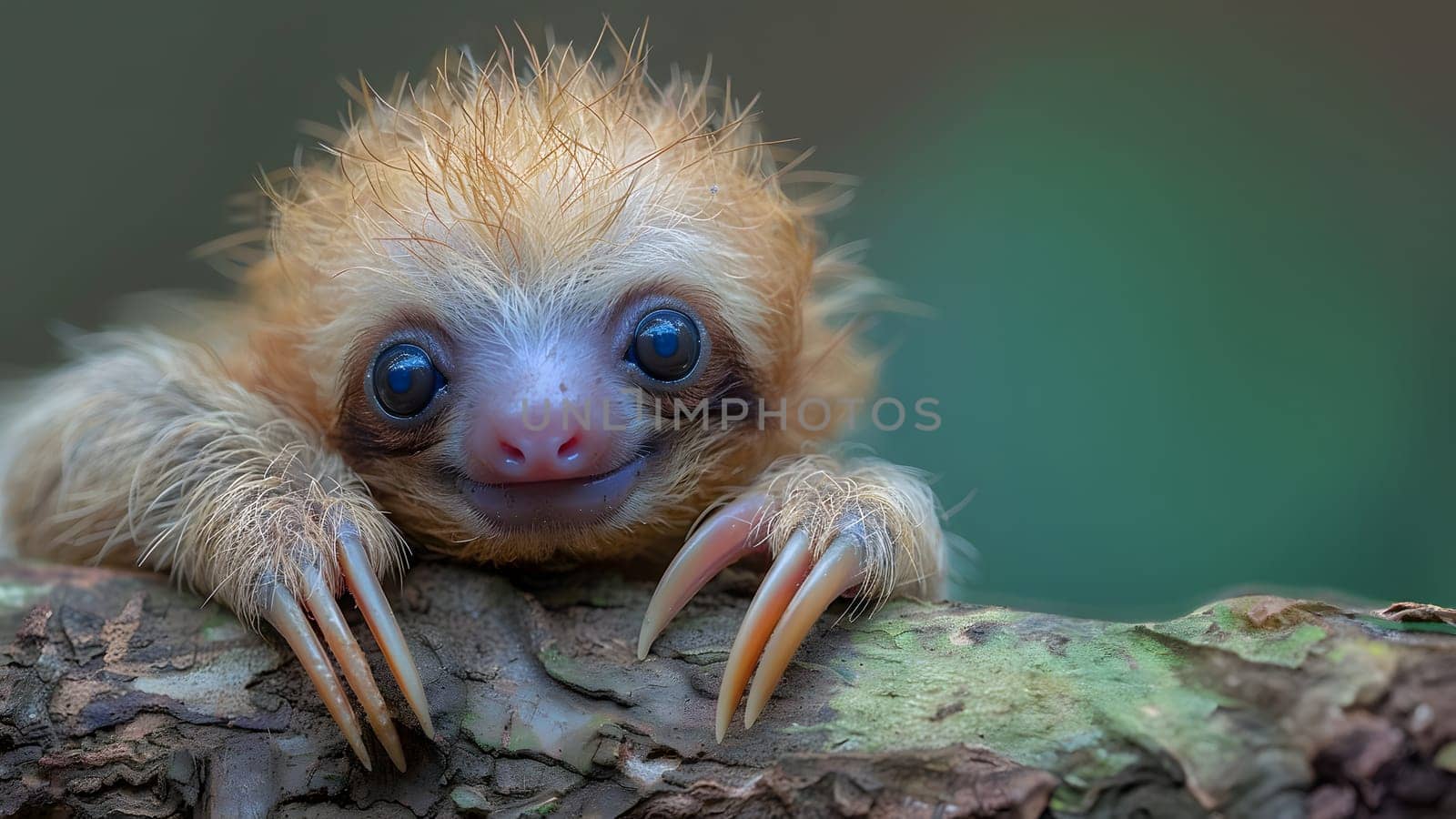 Colorful illustration of bright-eyed sloth perched on branch. Highly detailed. In the picture there is space to enter text. Can be used to make advertisements for environmental conservation campaigns.