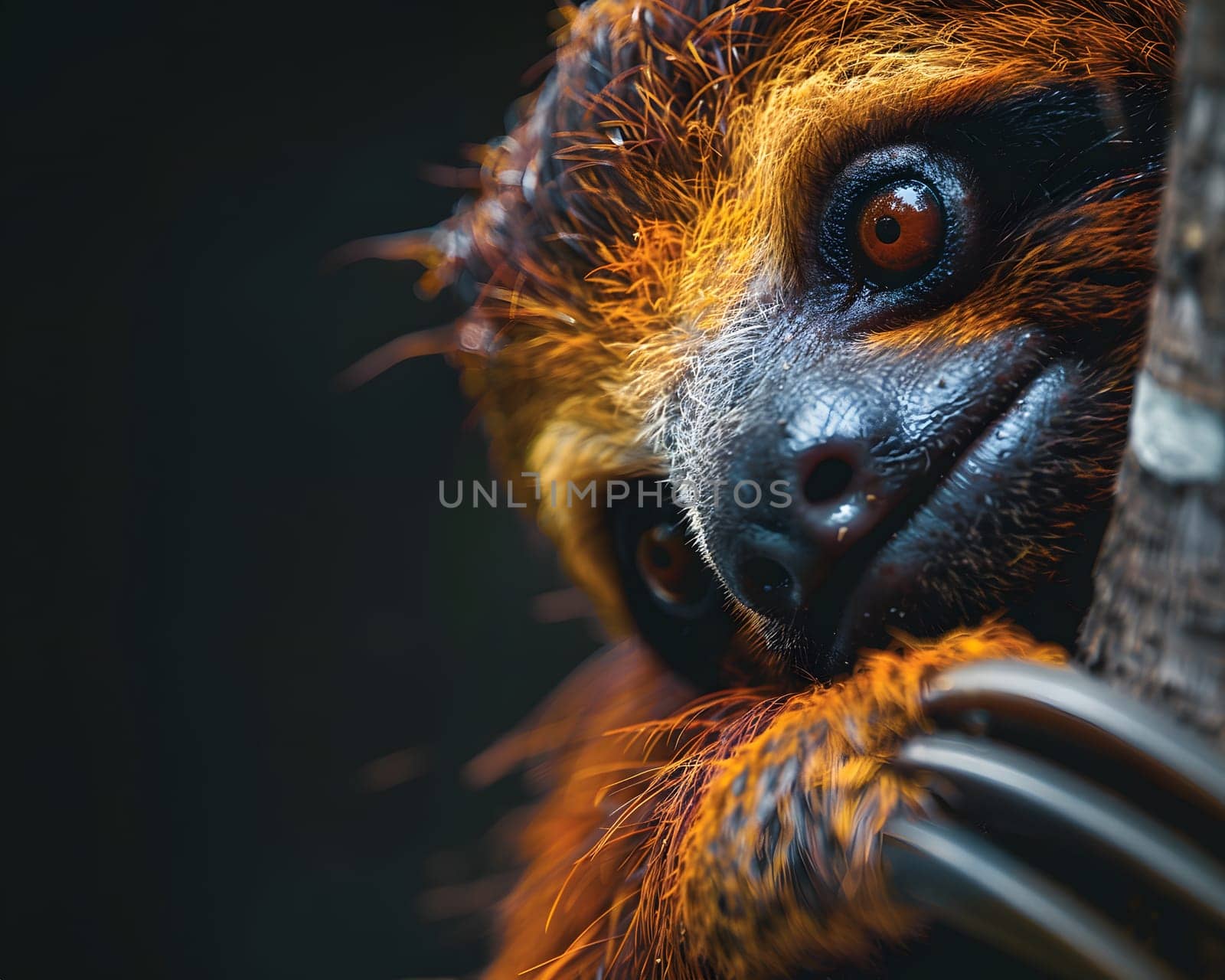 Colorful illustration of bright-eyed sloth perched on branch. Highly detailed. In the picture there is space to enter text. Can be used to make advertisements for environmental conservation campaigns.