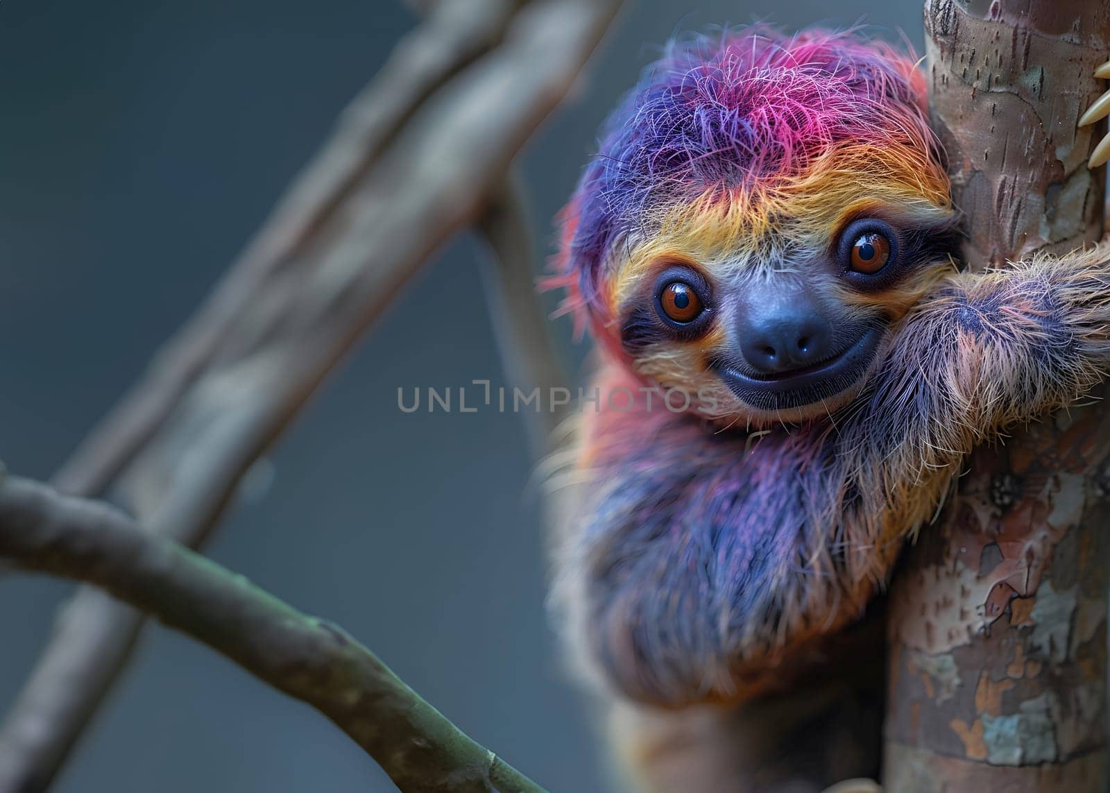 Colorful illustration of bright-eyed sloth perched on branch. Highly detailed. In the picture there is space to enter text. Can be used to make advertisements for environmental conservation campaigns.