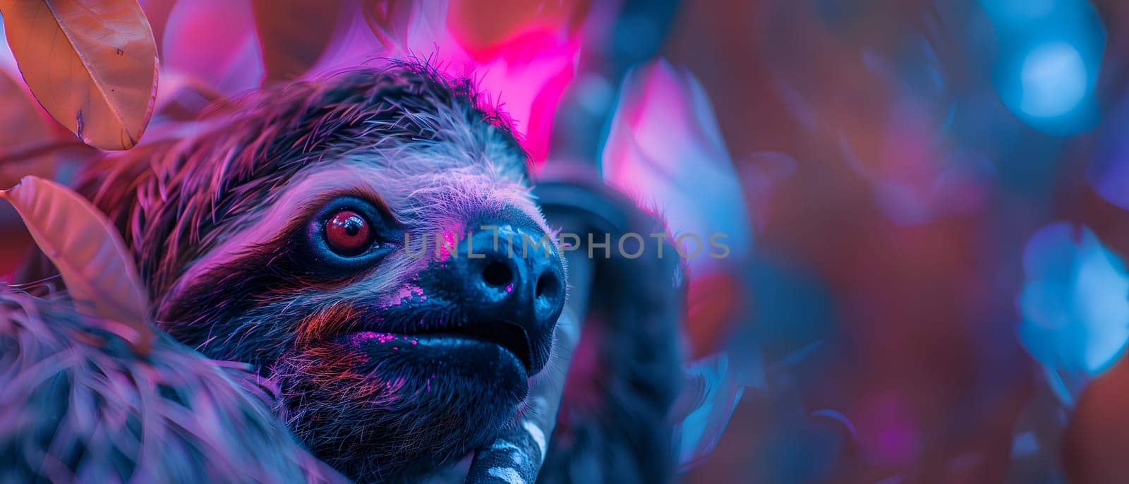Colorful illustration of bright-eyed sloth perched on branch. Highly detailed. In the picture there is space to enter text. Can be used to make advertisements for environmental conservation campaigns.