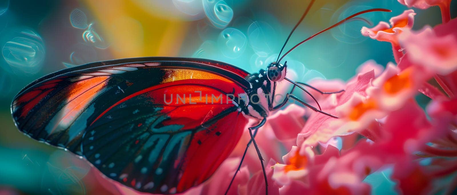 Beautiful butterfly on flower petals in colorful and highly detailed illustration. It can be used in lessons about insects, flowers, nature in books or use as wallpaper mobile phone screen, computer.