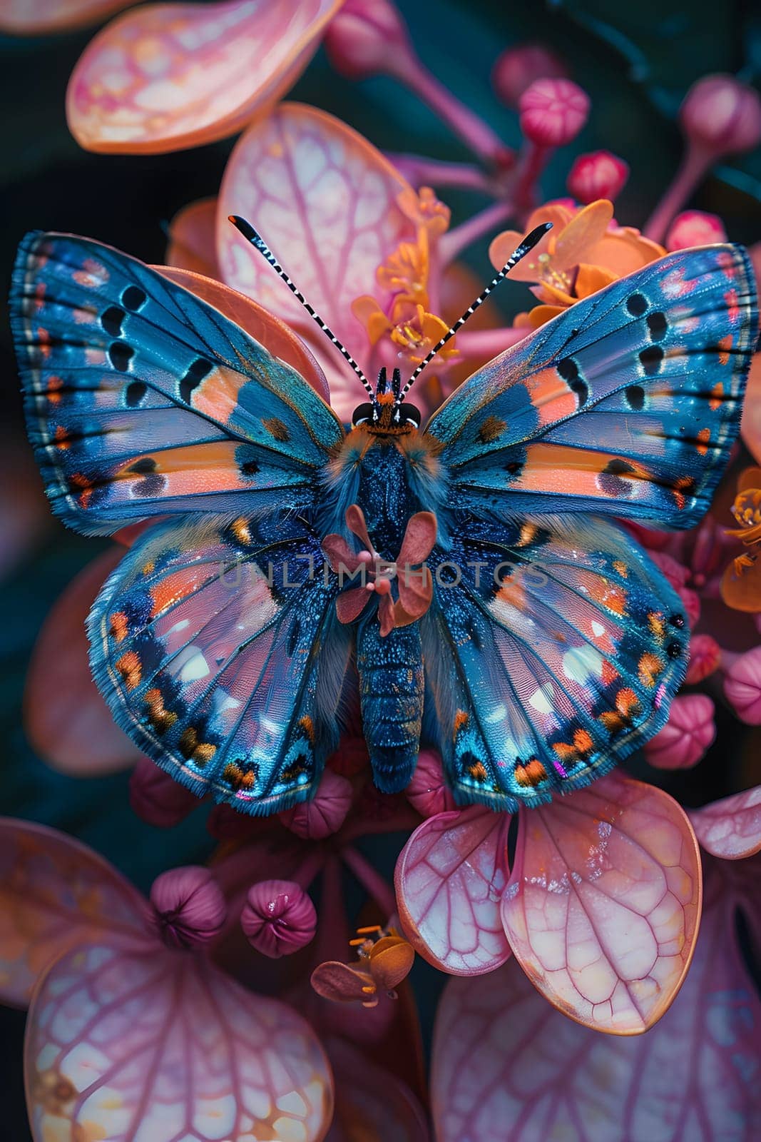 Beautiful butterfly on flower petals in colorful and highly detailed illustration. It can be used in lessons about insects, flowers, nature in books or use as wallpaper mobile phone screen, computer.