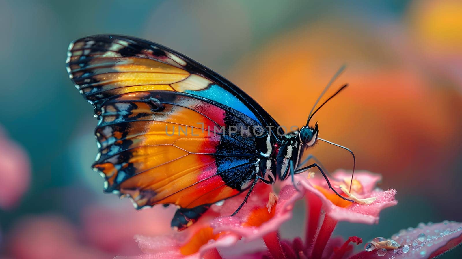 Beautiful butterfly on flower petals in colorful and highly detailed illustration. It can be used in lessons about insects, flowers, nature in books or use as wallpaper mobile phone screen, computer.