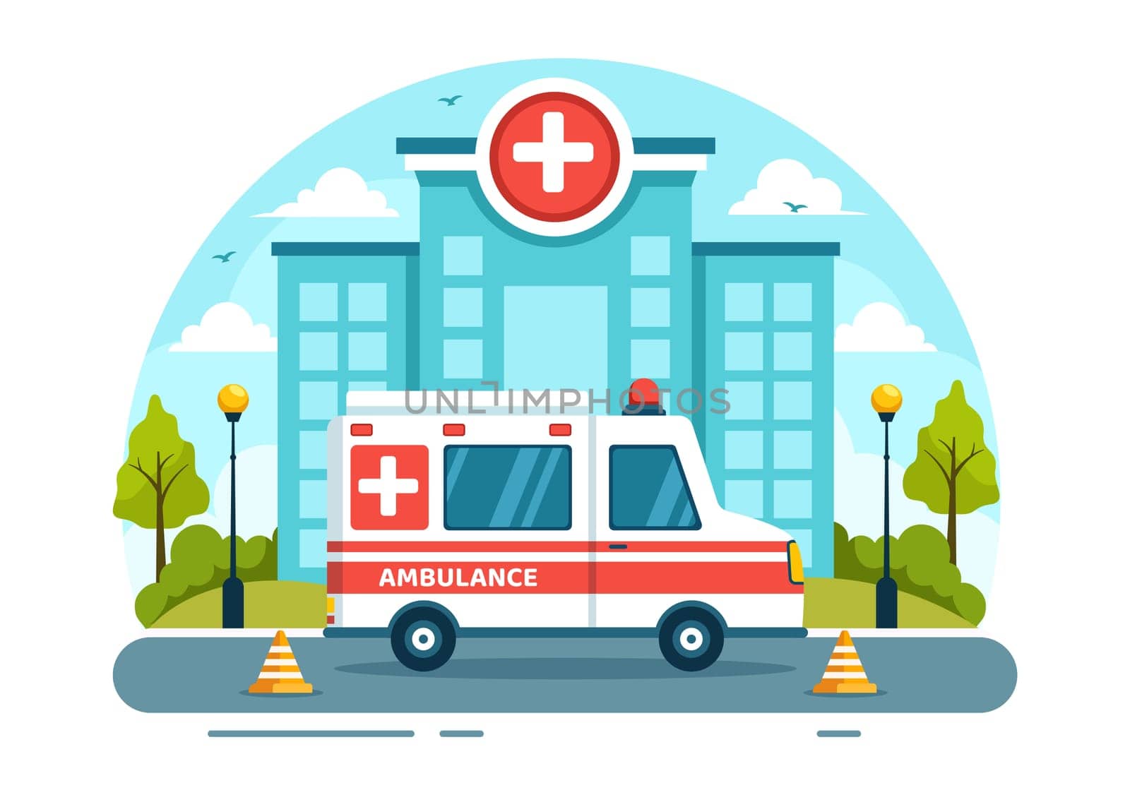 Medical Vehicle Ambulance Car or Emergency Service Vector Illustration for Pick Up Patient the Injured in an Accident in Flat Cartoon Background