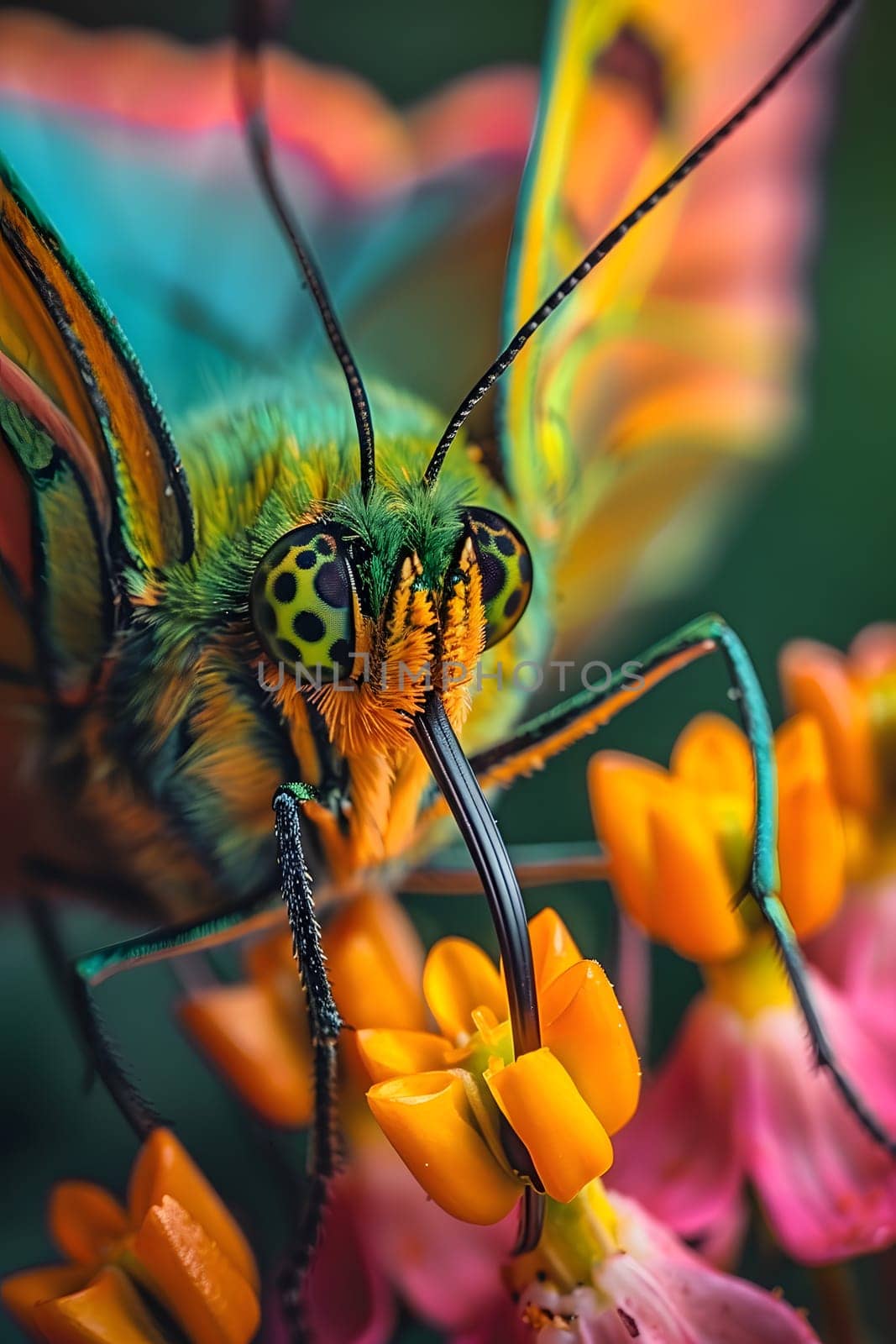 Beautiful butterfly on flower petals in colorful and highly detailed illustration. It can be used in lessons about insects, flowers, nature in books or use as wallpaper mobile phone screen, computer.