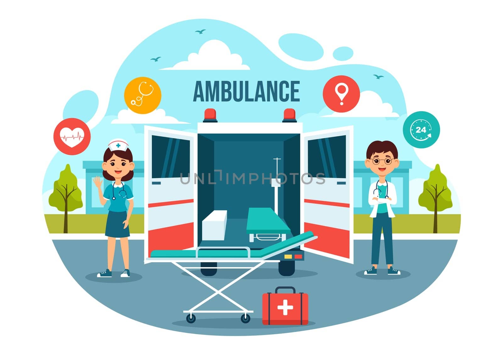 Medical Vehicle Ambulance Car or Emergency Service Vector Illustration for Pick Up Patient the Injured in an Accident in Flat Cartoon Background