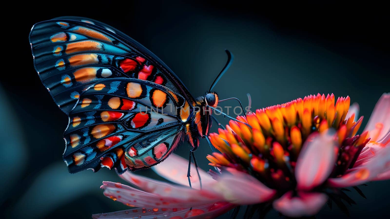Beautiful butterfly on flower petals in colorful and highly detailed illustration. It can be used in lessons about insects, flowers, nature in books or use as wallpaper mobile phone screen, computer.