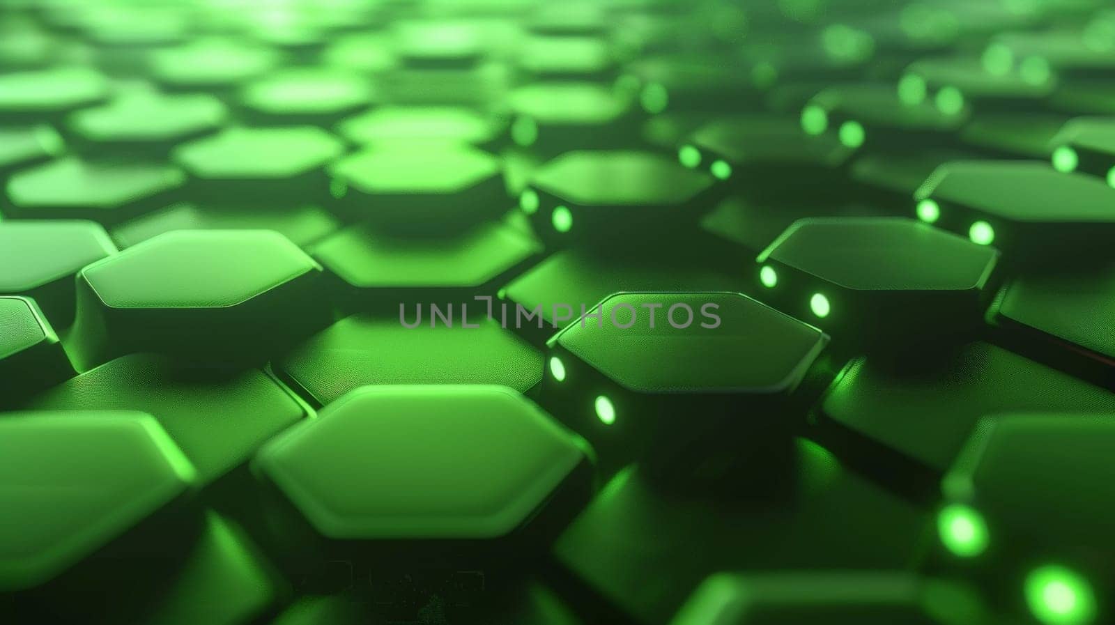 An abstract composition featuring a vibrant green hexagonal pattern against a dark backdrop, evoking a futuristic technological ambiance. The interlocking hexagons create a mesmerizing honeycomb effect, symbolizing innovation and advancement.